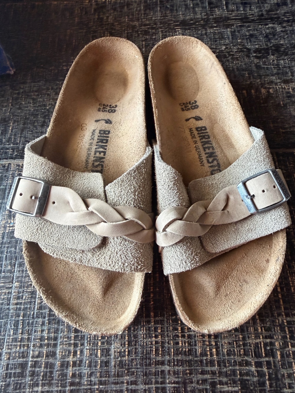 Birkenstock Braided Suede Slide Sandals in Taupe